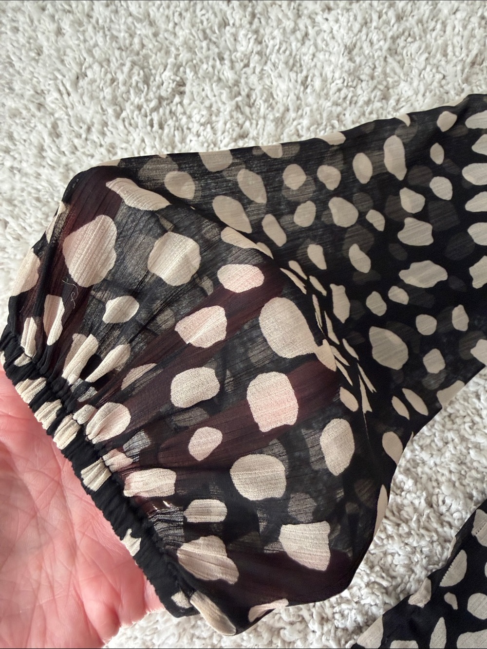 LOFT Black Blouse with Beige Spot Print and Ruffle Neck - Picture 6 of 8